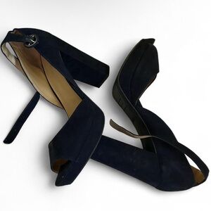 Sun + Stone Navy Suede Block Heel Sandals with Ankle Strap